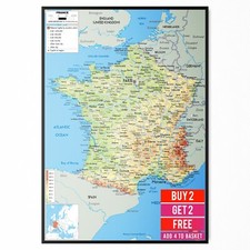 Listing image for Map Of France Educational Poster Travel Tourism Physical Map Print - A5 A4 A3